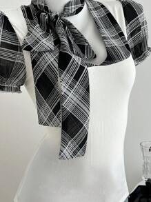 Elamini Plaid Lace-Up Patchwork Casual Fashionable Women T-Shirt - White - View 6