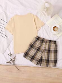 2pcs Boys' Casual Comfortable Short Sleeve T-Shirt And Plaid Shorts Pajama Set,Back To School