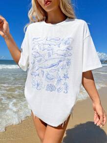 SHEIN EZwear 女士休闲圆领短袖海洋动物印花超大T恤，适合夏季 - 白色 - 查看 6