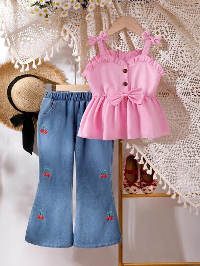2 sztuki/zestaw dziewczęcy, słodki, letni top z kokardą i rozszerzanymi spodniami z jeansu z haftem wiśniowym, słodki strój dla dziewczynek