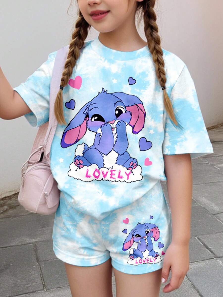 SHEIN 2 件可爱卡通蓝色兔子露露,针迹图案,清新天蓝色扎染少女休闲简约短袖上衣和短裤套装,适合夏季 - 彩色 - 查看 1