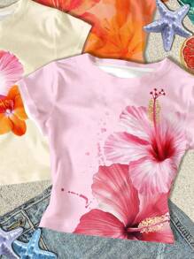 SHEIN Leap Crew 3pcs/Set Teen Girls Casual Chill Vacation Tropical Floral Print Crew Neck Short Sleeve Crop Top, Suitable For Summer Flower Tops Floral Tops Hibiscus Shirts Lily Shirts Girls Summer Tops - Multicolor - View 5