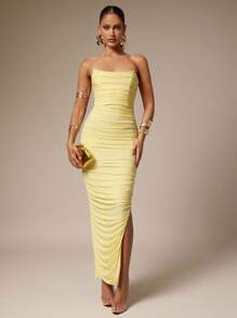 Silquee 女式纯色褶皱侧开衩下摆修身连衣裙