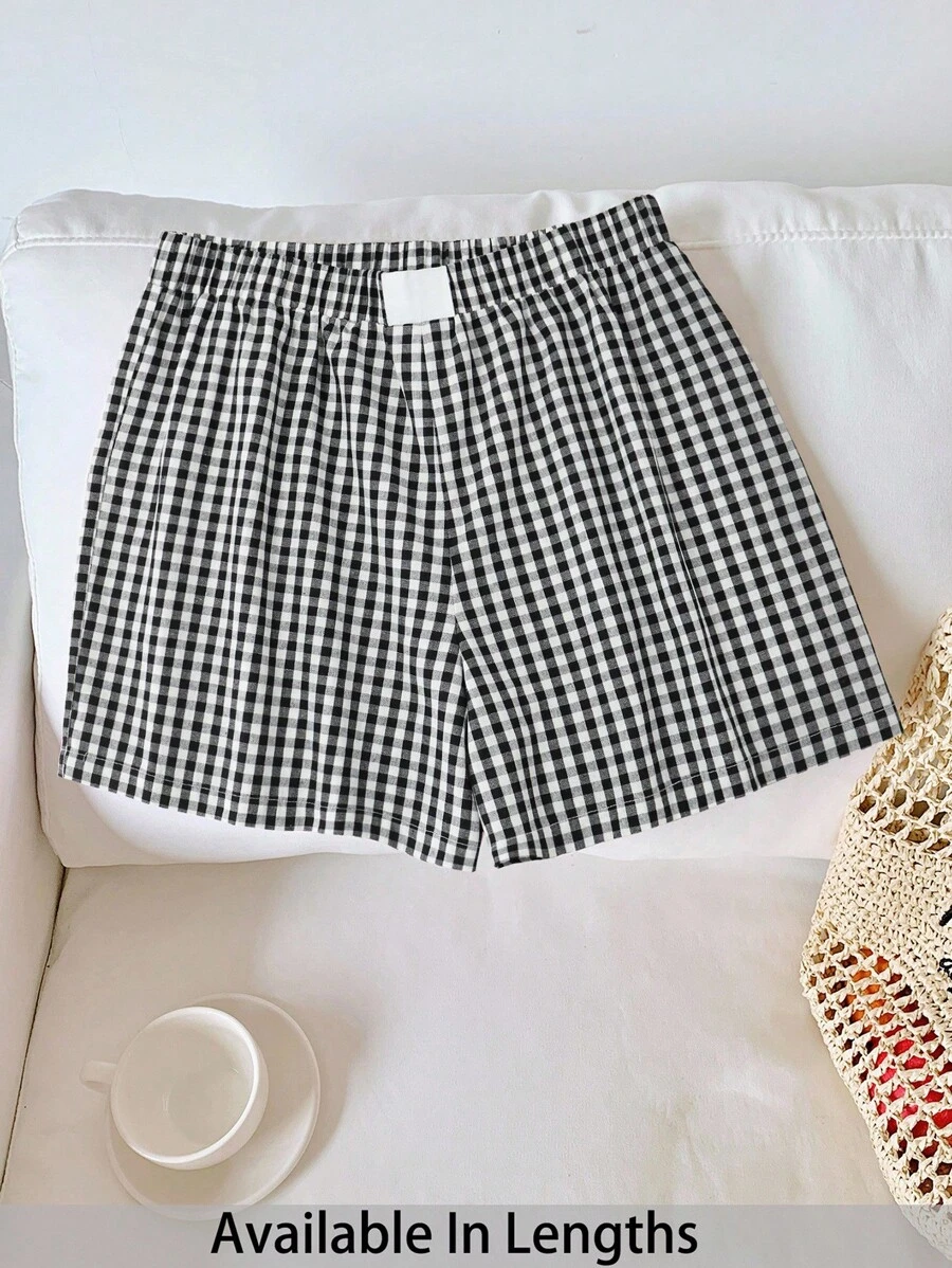 SHEIN Tall CURVE Plus Size Women's Fashion Red Woven Plaid Shorts For Summer Valentine's Day