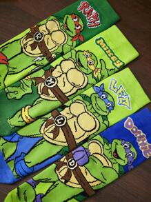 TEENAGE MUTANT NINJA TURTLES | SHEIN 4 双棉质柔软透气吸湿排汗儿童中筒袜绿色和蓝色可爱卡通图案中筒袜，加固脚趾和脚跟，经久耐用，男女通用，适合所有季节，百搭，适合学校和户外 - 彩色 - 查看 9