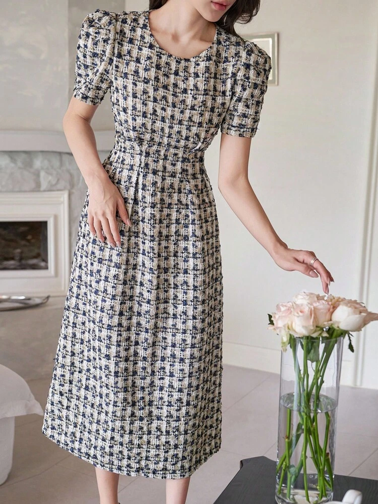 Plaid Textured Round Neck Puff Sleeve Women's Mid-Length Dress Sundress