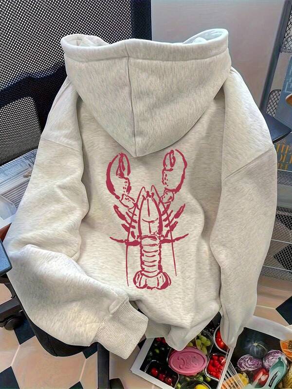 SHEIN 女式宽松落肩龙虾印花连帽衫