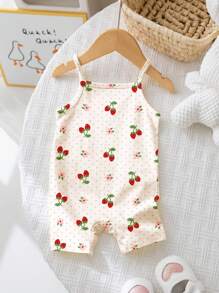 SHEIN 奶油白色连体短裤，带有可爱的迷你草莓、花朵和波尔卡圆点印花，休闲女婴连体衣，适合春夏季、清凉度假、居家、户外、野餐、度假 - 彩色 - 查看 5