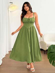 Sunnyshic Vestido maxi de playa elegante de unicolor con lazo delantero y tirantes de espagueti para mujer de talla grande, adecuado para la playa, resort, fiesta, cita, festival de música, primavera/verano, diseño versátil