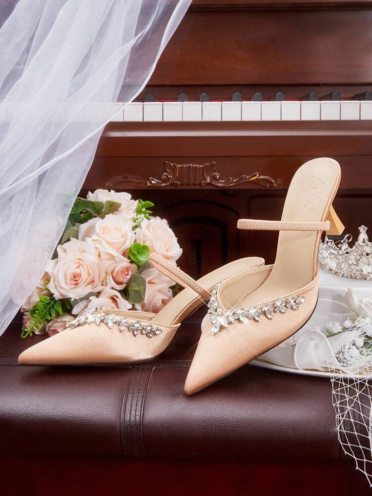 CUCCOO HITCHD Tacones altos de punta afilada con cristales brillantes para mujer, elegantes y glamorosos tacones altos de satén románticos y sexys en color dorado, zapatos de vestir para bodas, novias, damas de honor, fiestas y ocasiones formales