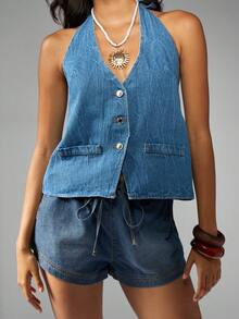 MISSGUIDED فستان قصير بدون أكمام من الجينز مع قلادة قلب معلقة، تصميم بدون ظهر، أزرار أمامية، ملابس شارع صيفية للمهرجانات، موضة Y2K عصرية وكاجوال بدون أكمام - الأزرق - مشاهدة 4