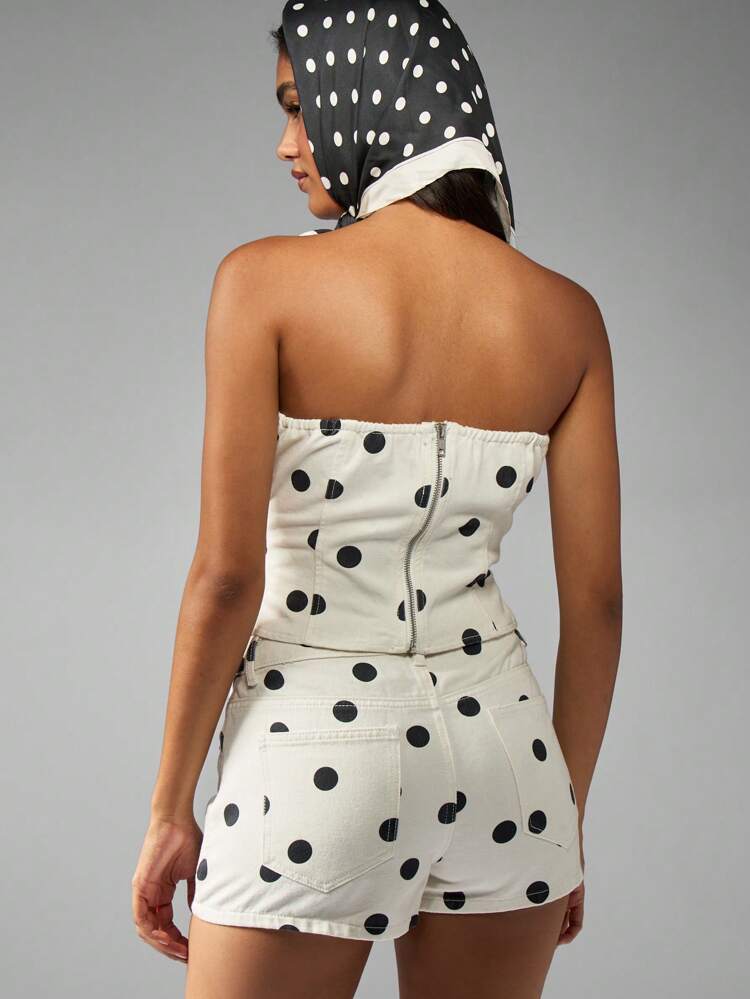 MISSGUIDED Polka Dot Denim Bandeau Top Retro Pin Up Style Strapless Bustier Casual Summer Beach Club Party Festival Fashion