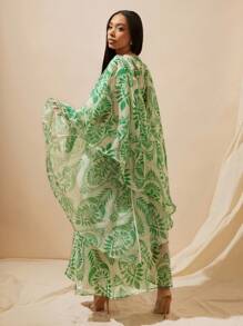 Vixey Kimono de gasa estampada con mangas anchas y abiertas, cintura con cordón - Rojo y negro - Ver 3