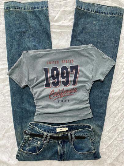 Attitoon 여성용 캐주얼 레트로 스타일 1997 숫자 & 빈티지 영문 & 레트로 숫자 그래픽 오프숄더 러싱 슬림핏 반팔 티셔츠, 여름에 적합