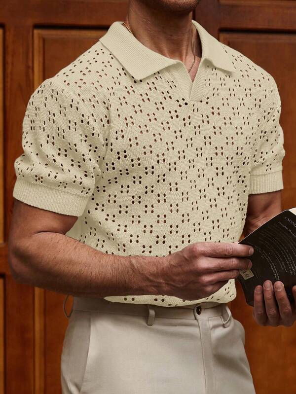 Manfinity CityGents Men's Solid Color Hollow Out Casual Versatile Short Sleeve Knit Top