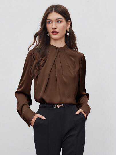 BizChic Women's Autumn High Collar Asymmetric Design Ruched Decor Loose Long Sleeve Top, Basic Urban Commute Minimalist Elegant Fashionable Business Casual, Suitable For Teachers, Office, Weddings, Concerts