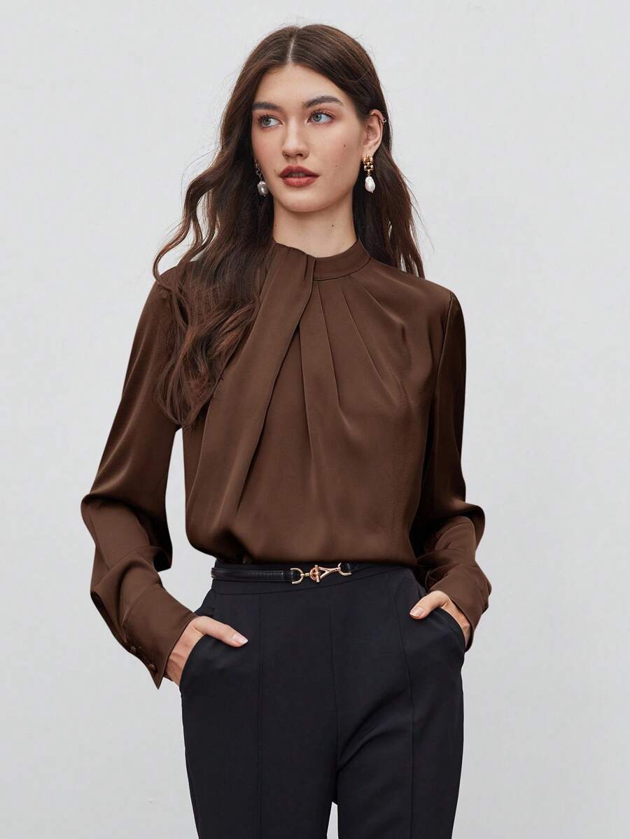 BizChic 女式秋季高领不对称设计褶饰宽松长袖上衣，基本款都市通勤简约优雅时尚商务休闲装，适合教师、办公室、婚礼、音乐会 - 棕色 - 查看 1