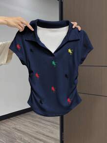 女式休闲骑士印花褶饰T恤，夏季 - 藏蓝色 - 查看 5