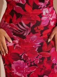 SHEIN BAE 大码女式优雅花卉印花修身连衣裙，夏季 - 粉色 - 查看 6