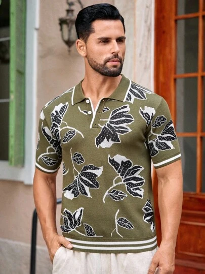Manfinity VCAY Men's Polo Shirt, Fashionable Casual Tri-Color Jacquard Leaf Pattern Knitted Short Sleeve Sweater Men Floral Polo Men Summer Tops Men Casual Tops Men Fashion Tops Men Print Polo