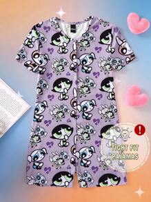 THE POWERPUFF GIRLS X SHEIN 少女卡通人物与爱心随机全身印花纽扣式贴身连体裤家居服 - 紫色 - 查看 1