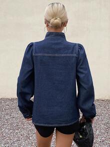 Livesso 女士V领系带泡泡袖牛仔衬衫，秋季女装长袖 - 藍色 - 查看 2