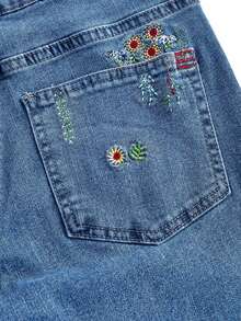 SHEIN MOD 女式休闲日常水洗褶皱喇叭牛仔裤 - 藍色 - 查看 4