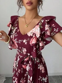 Elenzga Đầm nữ dáng chữ A in họa tiết kỹ thuật số phong cách nghỉ dưỡng nhún bèo eo thanh lịch lãng mạn - Nhiều màu - Xem 3