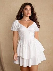 Roveilla 大码优雅彩色花卉印花荷叶边下摆连衣裙，夏季 - 杏色 - 查看 6