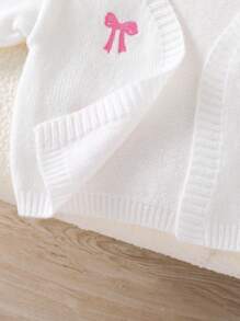 Souflis Souflis Young Girl 1 Piece Sweet Bow-Embroidered Cardigan , Pink & White V-Neck Puff Sleeve Open Front Lightweight Cropped Cardigan For School & Weekend Outings, Spring/Fall - White - View 8