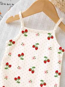 SHEIN 奶油白色连体短裤，带有可爱的迷你草莓、花朵和波尔卡圆点印花，休闲女婴连体衣，适合春夏季、清凉度假、居家、户外、野餐、度假 - 彩色 - 查看 3
