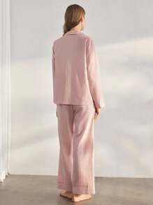 Ocili Conjunto de pijama de lino de manga larga y pantalón largo a rayas, cómodo y suave, pijamas naturales para mujer, conjunto de ropa de estar en casa para la temporada de vacaciones, ropa de otoño - Rosa - Ver 3