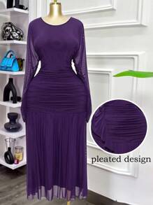 Modelyn Váy lưới xếp ly màu trơn thanh lịch cỡ lớn - Màu tím - Xem 3