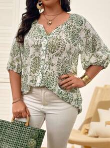 Nubod Plus Size Women's Satin Floral Print Notched Collar Blouse