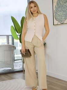 Cioccolato Modne nowoczesne spodnie biurowe Commuter Pearl Rhinestone Decor dla kobiet, eleganckie, swobodne