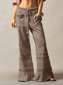 Bohemela Bohemian Style Solid Color High Waist Flare Leg Knit Pants, Spring/Summer Ruffle Boho For Women Bell Bottom Tiered Pants,Fall Clothes - Brown - View 6