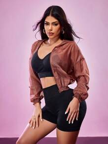 SHEIN Sports 女式纯色落肩透视休闲短款拉链运动夹克 - 棕色 - 查看 4