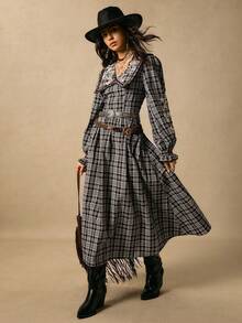Easelle Women's Black And White Checkered Floral Embroidery Peter Pan Collar Puff Sleeve Long Skirt,Retro Casual Loose Autumn Boho Vacation Fall Clothes - Black and White - View 1