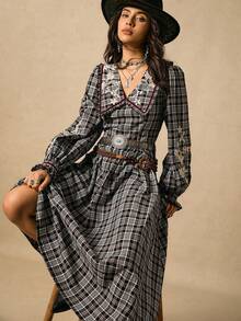 Easelle Women's Black And White Checkered Floral Embroidery Peter Pan Collar Puff Sleeve Long Skirt,Retro Casual Loose Autumn Boho Vacation Fall Clothes - Black and White - View 7