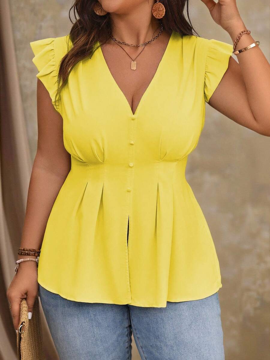 SHEIN Clasi Plus Size Women's Solid Color V-Neck Cap Sleeve Blouse With Ruffle Hem, Summer Peplum Top - Yellow - View 1