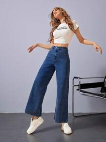 Jeanoix 高腰闊腿牛仔褲 - 深色水洗藍 - 查看 3