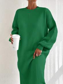 EURMUSE Women Drop Shoulder Long Sleeve Solid Color Long Knit Sweater Dress, Casual Style, Autumn/Winter - Green - View 6