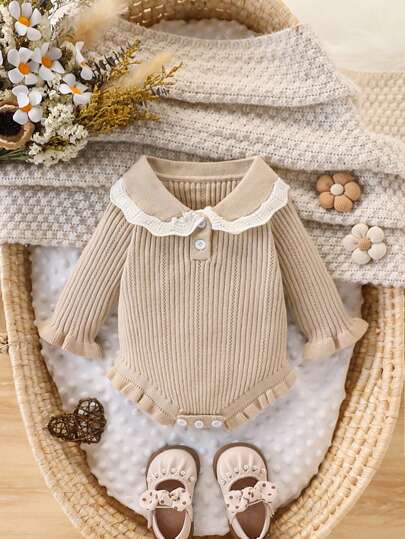 SHEIN Baby Girls Turtleneck Knit Long Sleeve Bodysuit, Elegant Camel/Khaki Color, Versatile Ruffled Collar Sweater Outfit Suitable For Autumn/Winter, Suitable For Daily Wear, Indoor, Outdoor, Travel Fall