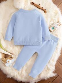 SHEIN 全新秋冬男婴简约卡通大象提花针织开衫和裤子套装 - 舒适、休闲、宽松风格，适合日常穿着和旅行