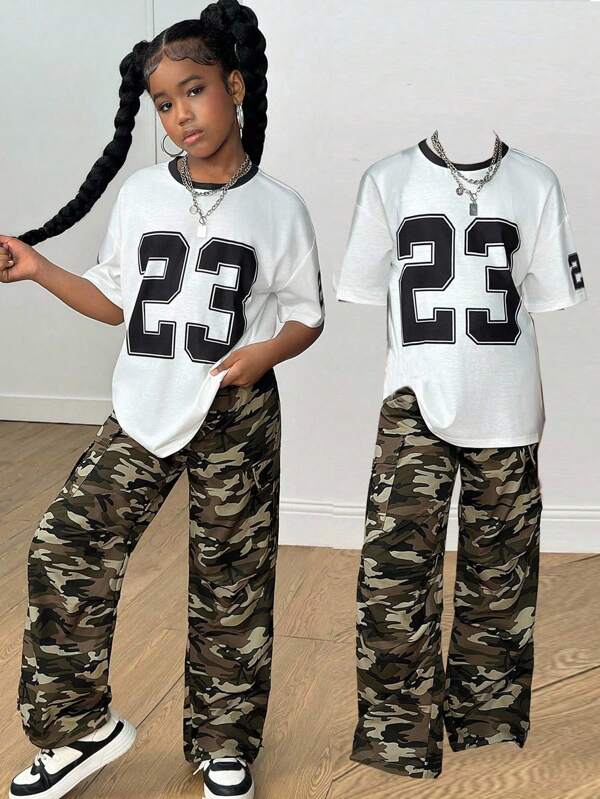 Tween Girls Casual Street Fashion Camo Numeric Print Short Sleeve T-Shirt & Y2K Loose Cargo Style Camouflage Wide Leg Pants Set
