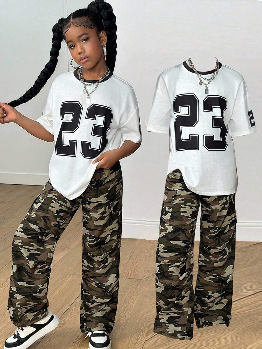 SHEIN Tween Girls Casual Street Fashion Camo Numeric Print Short Sleeve T-Shirt & Y2K Loose Cargo Style Camouflage Wide Leg Pants Set - Multicolor - View 1