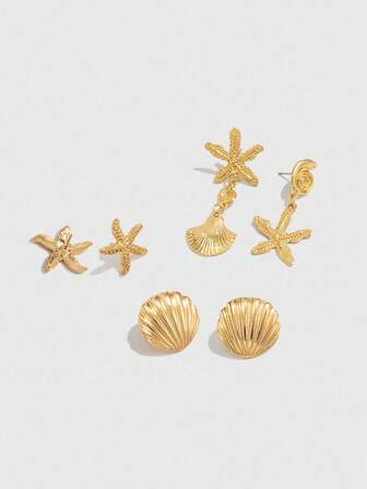 Goth 6pcs Fashionable Minimalist Starfish & Shell Metal Earrings, Suitable For Women's Daily And Vacation Wear, Holiday Gift