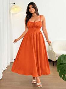 Flirla 大码女式优雅纯色前系带蝴蝶结细肩带超长沙滩裙，适合海滩、度假、派对、约会、音乐节、春夏季，百搭设计 - 橘色 - 查看 6