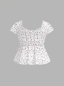 SHEIN MOD 大码女式可爱印花荷叶边下摆衬衫，适合返校、约会、生日、初秋、短款上衣、夏季上衣 - 彩色 - 查看 2