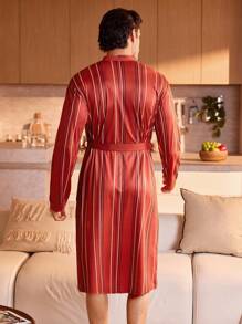 SHEIN Men's Contrast Stripe Dual Pocket Long Sleeve Robe - Multicolor - View 2